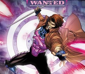 Cover of Gambit: Wanted #1 showing Gambit leaping forward with his staff, surrounded by glowing pink kinetic energy and oversized playing cards. He wears his signature trench coat and purple armor against a dark city backdrop, with the title in large pink lettering at the top.